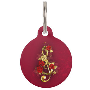 Médaillon Pour Animaux Golden Treble Clef avec fleurs Roses