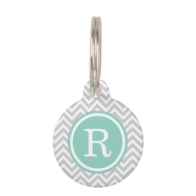 Médaillon Pour Animaux Gray et Aqua Chevron Monogram (Devant)