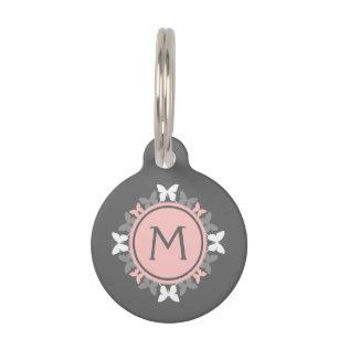Médaillon Pour Animaux Gris blanc de rose rose de monogramme de guirlande