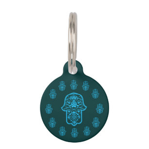 Médaillon Pour Animaux Hamsa floral (bleu)