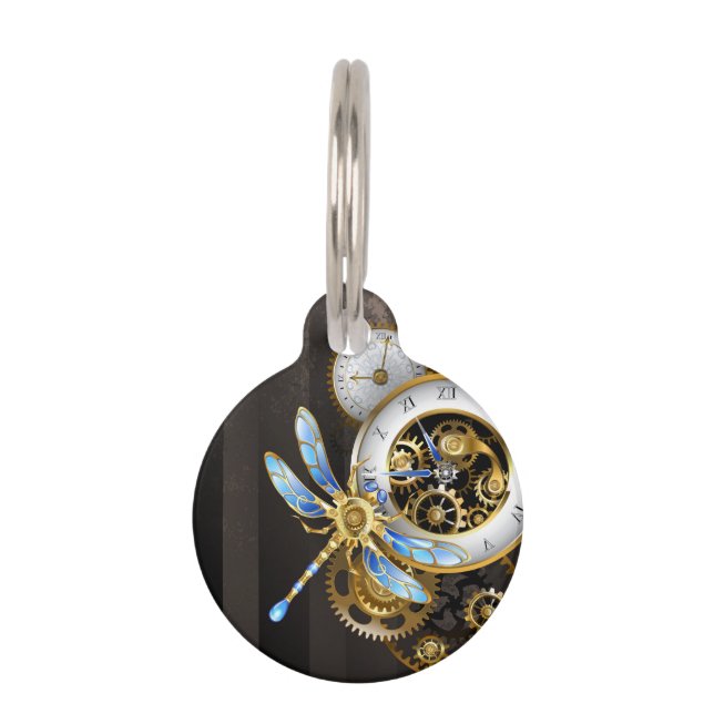 Médaillon Pour Animaux Horloge à vapeur avec libellule mécanique (Devant)
