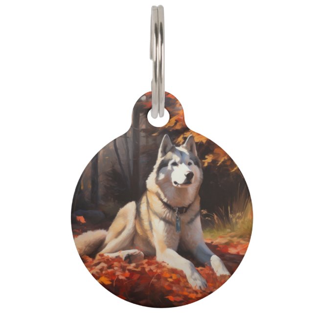 Médaillon Pour Animaux Husky Sibérien dans les feuilles d'automne Inspire (Devant)