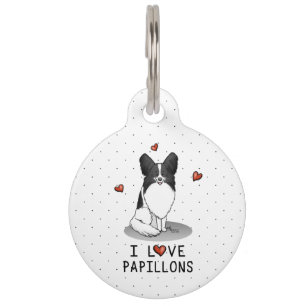 Médaillon Pour Animaux I Love Papillons (blanc & noir) Coeurs Chiens mign