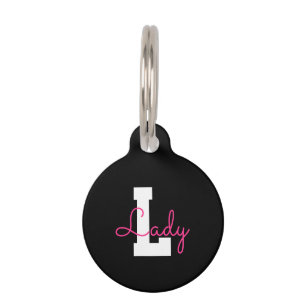 Médaillon Pour Animaux Joli nom et monogramme Noir blanc et rose