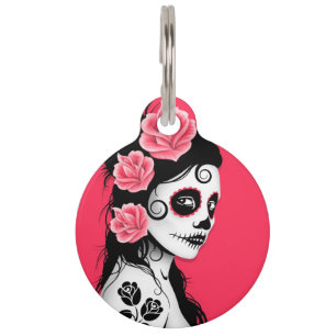 Médaillon Pour Animaux Jour rose de la fille morte de crâne de sucre