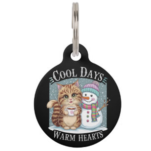 Médaillon Pour Animaux Kitten Cat and Snowman Friends Share Coffee Winter