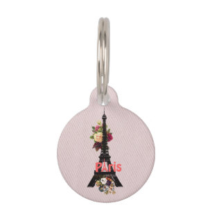Médaillon Pour Animaux Le rose vintage fleurit Tour Eiffel de Paris de