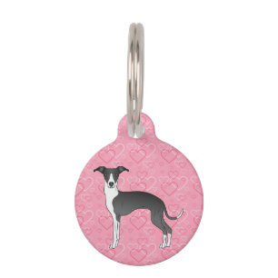 Médaillon Pour Animaux Lévrier Italien Noir Et Blanc Sur Cœurs Roses