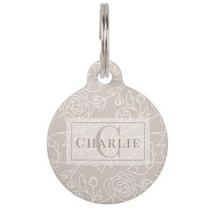 Médaillon Pour Animaux Ligne artistique florale beige Chien Chat Animal