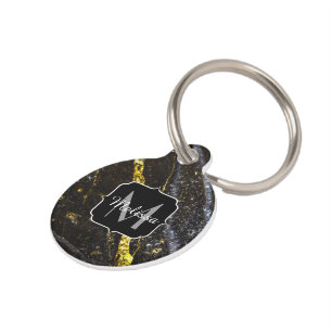 Médaillon Pour Animaux Ligne brillante or noir chic abstrait Monogramme