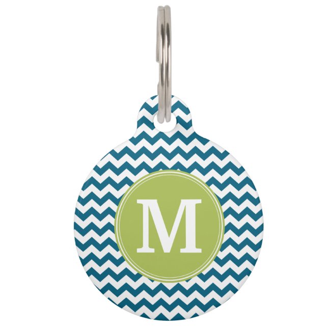 Médaillon Pour Animaux Lime Green et Turquoise Chevron Motif Monogramme (Devant)
