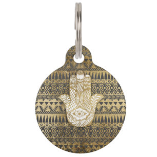 Médaillon Pour Animaux Main de Hamsa d'or d'impression de Faux et Aztèque