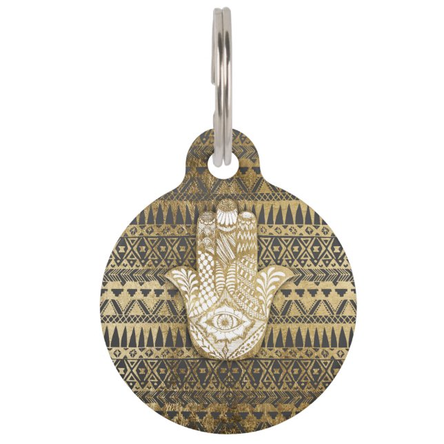 Médaillon Pour Animaux Main de Hamsa d'or d'impression de Faux et Aztèque (Dos)