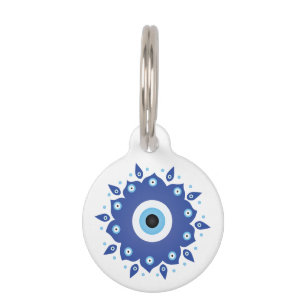 Médaillon Pour Animaux Mandala Grec Mal Oeil Bleu Blanc