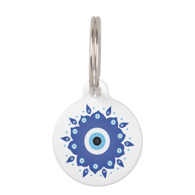 Médaillon Pour Animaux Mandala Grec Mal Oeil Bleu Blanc (Devant)