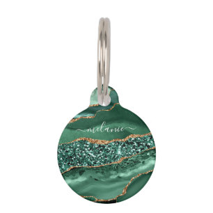 Médaillon Pour Animaux Marbre de Parties scintillant en or vert Nom perso