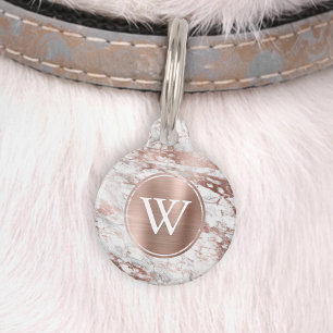 Médaillon Pour Animaux Marbre Gris Blanc Faux Or Rose Monogramme