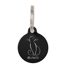 Médaillon Pour Animaux Minimaliste Chat Blanc Sur Noir Ajouter Nom
