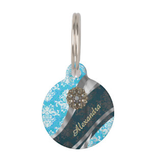 Médaillon Pour Animaux Modèle personnalisé bleu pâle joli girly damassé
