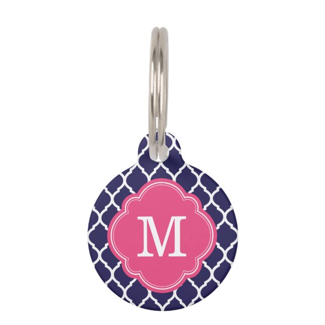 Médaillon Pour Animaux Monogramme de Quatrefoil Marine et rose (Devant)