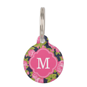 Médaillon Pour Animaux Monogramme de Roses Vintages rose et marine