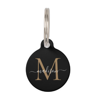 Médaillon Pour Animaux Monogramme en or noir simple Nom du script féminin