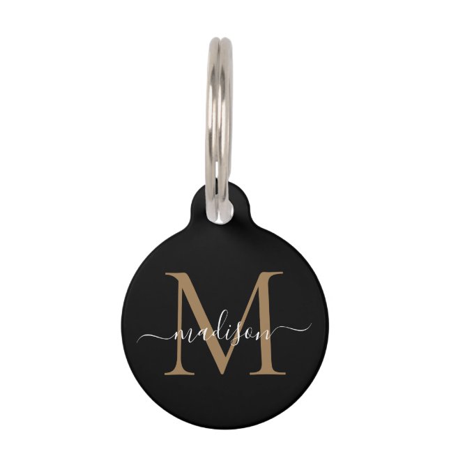 Médaillon Pour Animaux Monogramme en or noir simple Nom du script féminin (Devant)