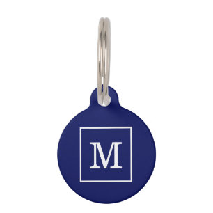 Médaillon Pour Animaux Monogramme Initial Cadre Bleu Marine Blanc