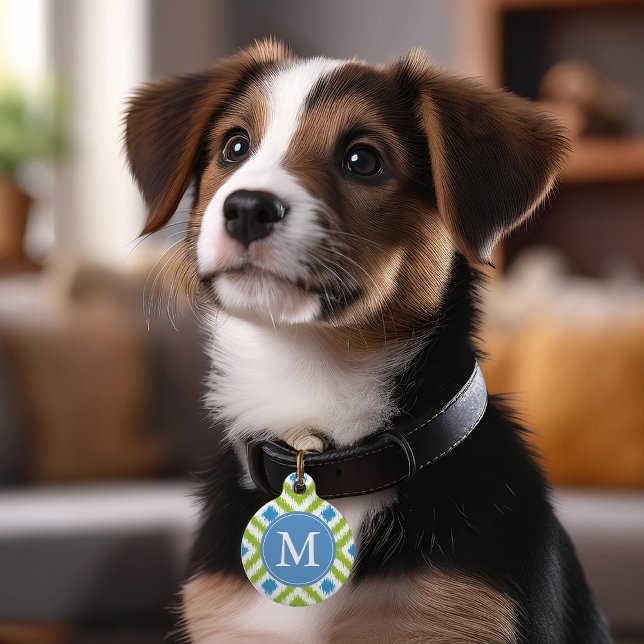 Médaillon Pour Animaux Monogramme Motif de diamants d'Ikat bleu et vert (Créateur téléchargé)