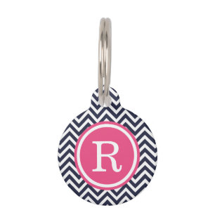 Médaillon Pour Animaux Monogramme Navy et Pink Chevron
