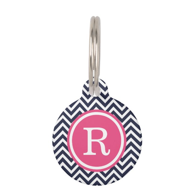 Médaillon Pour Animaux Monogramme Navy et Pink Chevron (Devant)