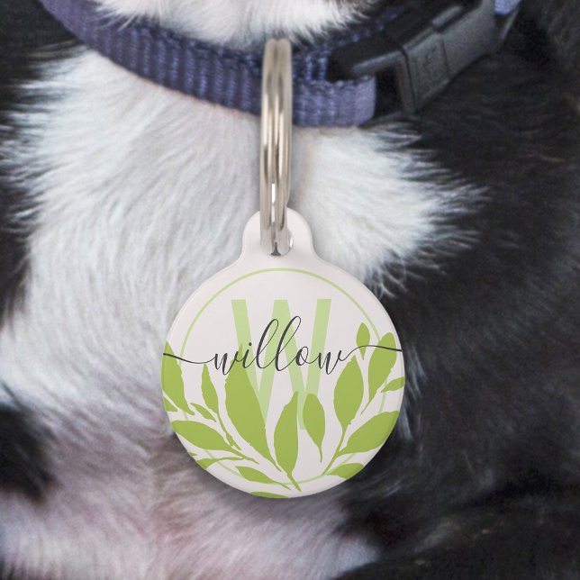 Médaillon Pour Animaux Monogramme Nom Feuilles Vertes Fraîches Simples Él (Créateur téléchargé)