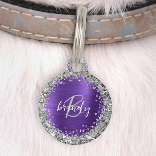 Médaillon Pour Animaux Monogramme Pailleté Métal Brossé Violet Argent