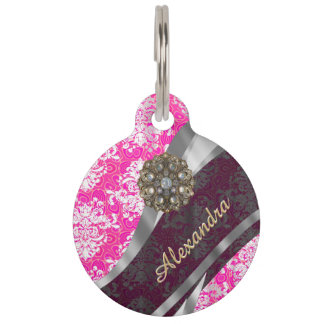 Médaillon Pour Animaux Motif assez girly rose personnalisé de damassé