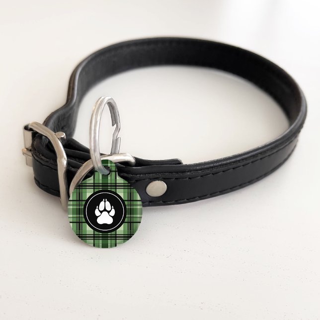 Médaillon Pour Animaux Motif Plaid Vert Et Noir Avec Empreinte de patte (Créateur téléchargé)