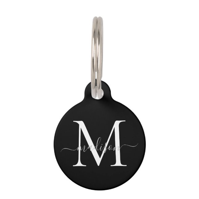 Médaillon Pour Animaux Noir Blanc Gris Monogramme Feminine Nom du script (Devant)