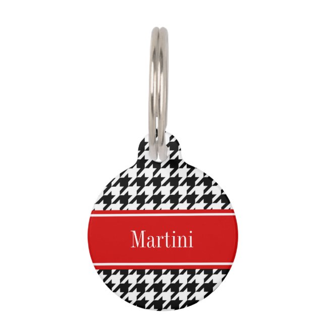 Médaillon Pour Animaux Noir Blanc Houndstooth Nom rouge Monogramme (Devant)