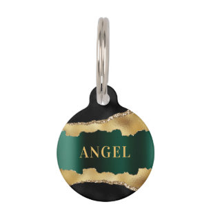 Médaillon Pour Animaux Noir émeraude vert or agate nom marbre