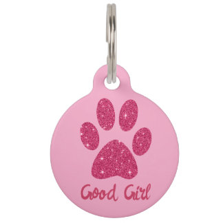 Médaillon Pour Animaux Nom de chien patte scintillante rose vif glamour