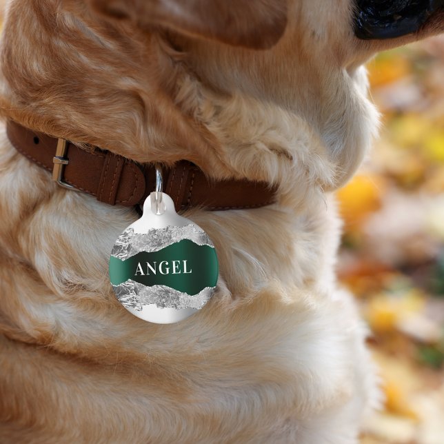 Médaillon Pour Animaux Nom de marbre d'agate en métal vert émeraude (Créateur téléchargé)
