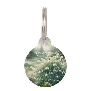 Médaillon Pour Animaux Nom personnalisé Aquarelle Vintage Floral Snowdrop