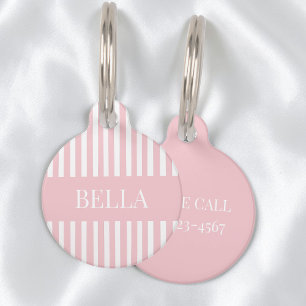 Médaillon Pour Animaux Nom personnalisé Fille Chic Rayures Rose Moderne