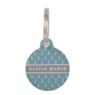 Médaillon Pour Animaux Nom personnalisé Motif Ancre bleu