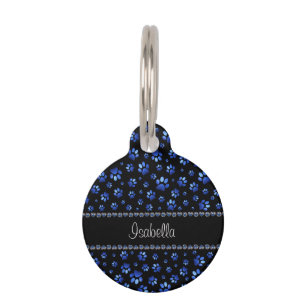 Médaillon Pour Animaux Nom personnalisé, pattes de chien en paillettes bl