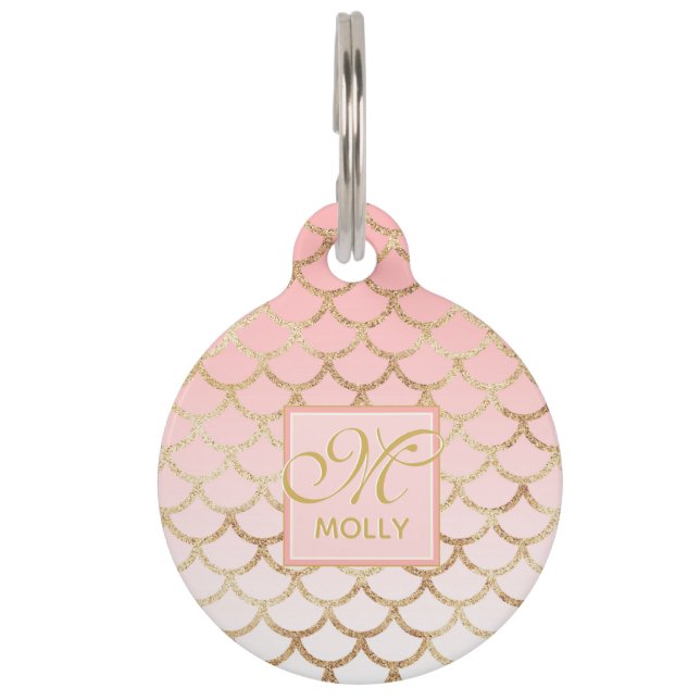 Médaillon Pour Animaux Ombre rose et Motif sirène or - Monogramme (Devant)