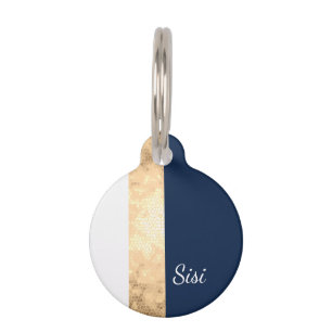 Médaillon Pour Animaux or élégant de faux, bleu marine, rayures blanches