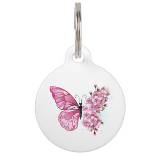 Médaillon Pour Animaux Papillon à fleurs avec Sakura rose