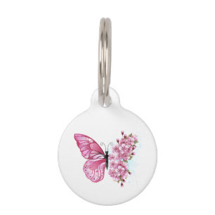 Médaillon Pour Animaux Papillon à fleurs avec Sakura rose