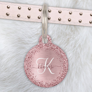 Médaillon Pour Animaux Parties scintillant en métal brossé rose pâle Nom