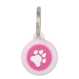 Médaillon Pour Animaux Patte blanche sur fond rose avec informations pers